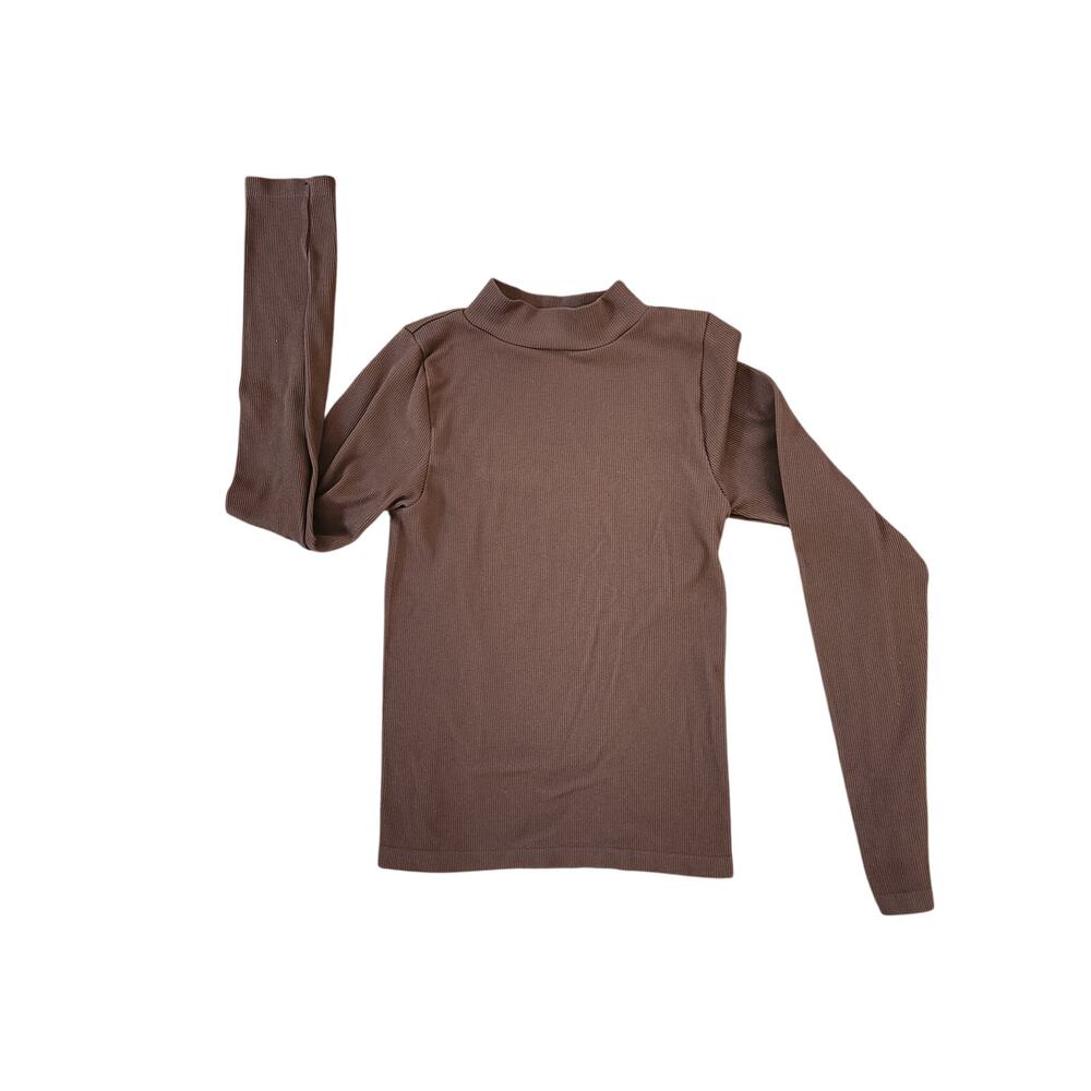 Willow Root Ribbed Turtleneck Top M Brown Long Sleeve Stretch Fitted